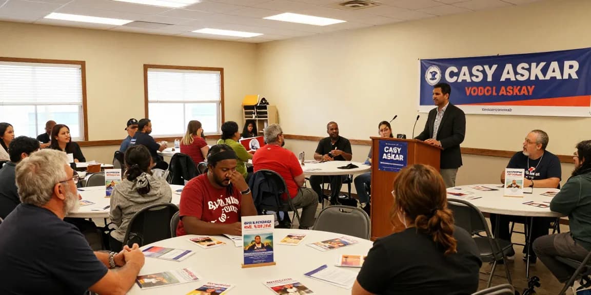 Casey Askar addressing engaged voters at a community event, promoting grassroots participation.