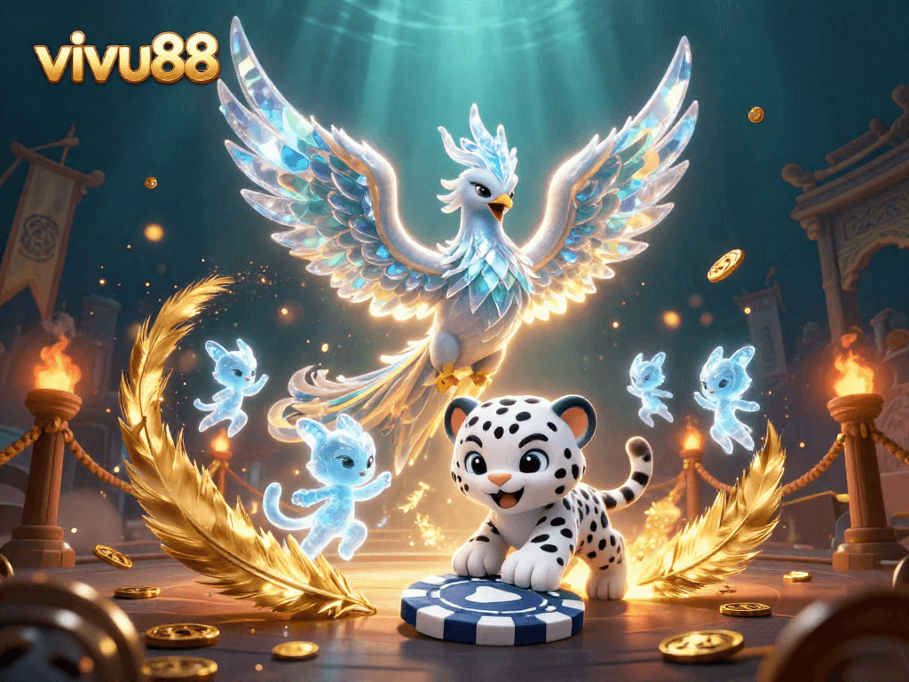 Engage with vivu88's immersive casino experience featuring a vibrant ice phoenix and playful gaming elements.