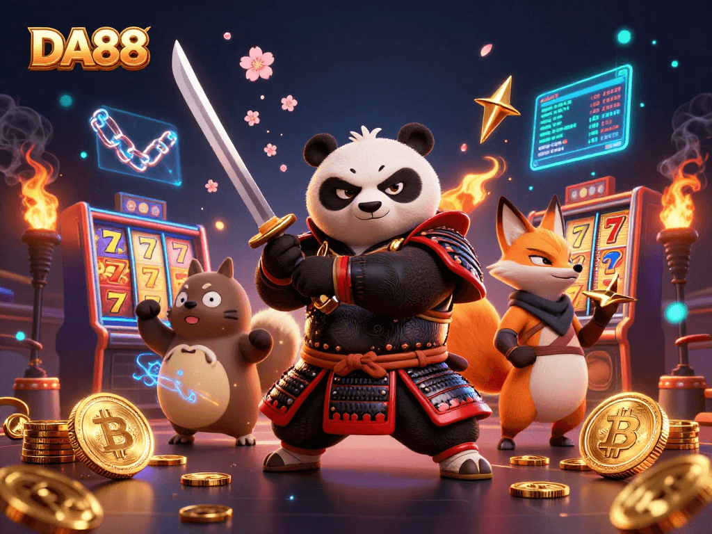 Engage with DA88's thrilling gaming world featuring bold characters, vibrant slots, and animated coins.
