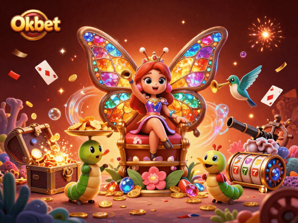 Experience Oxbet's vibrant casino magic with a butterfly queen and celebratory elements.