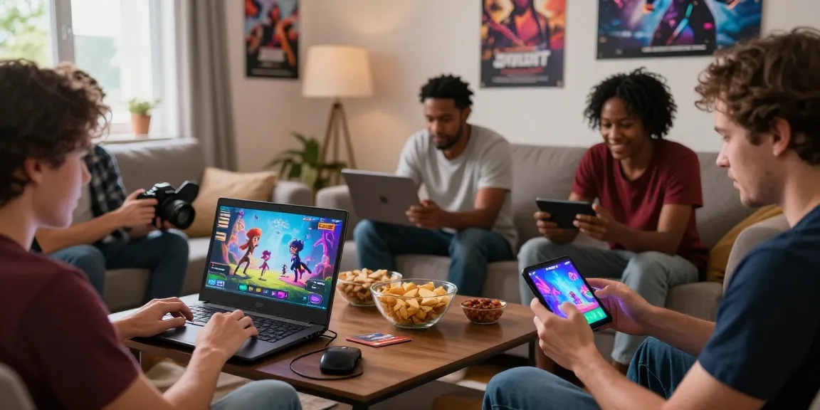 Engaging adults playing porngames together in a cozy living room setting, showcasing devices and colorful game graphics.