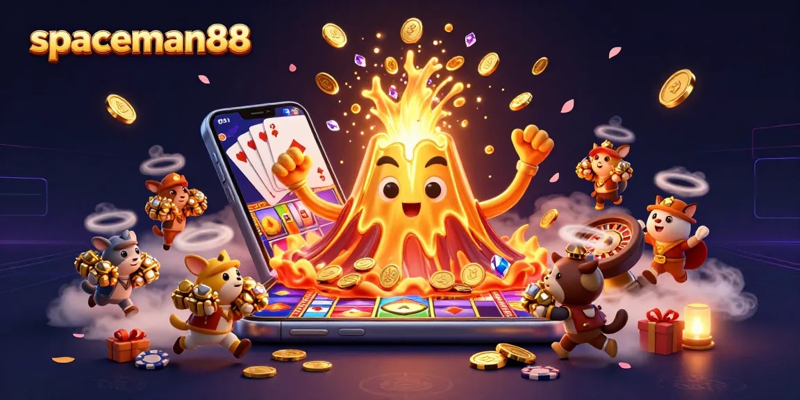 Experience thrilling wins with spaceman88 showcasing an erupting volcano of treasures and vibrant gaming elements.