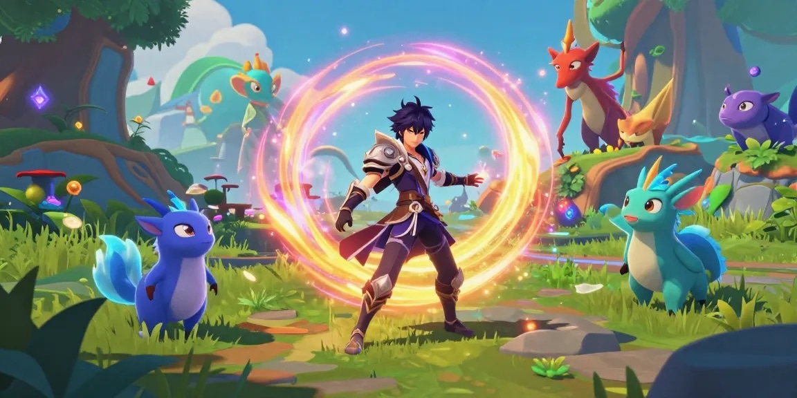 Enthralling scene from transformation hentai games showcasing a character casting spells in a vibrant fantasy landscape.