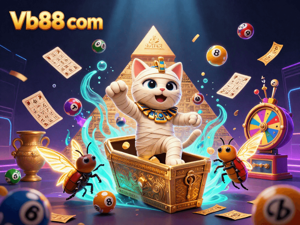This vibrant Vb88 com illustration showcases an Egyptian mummy cat and a scarab beetle in a lively casino setting surrounded by lottery elements and dazzling effects.