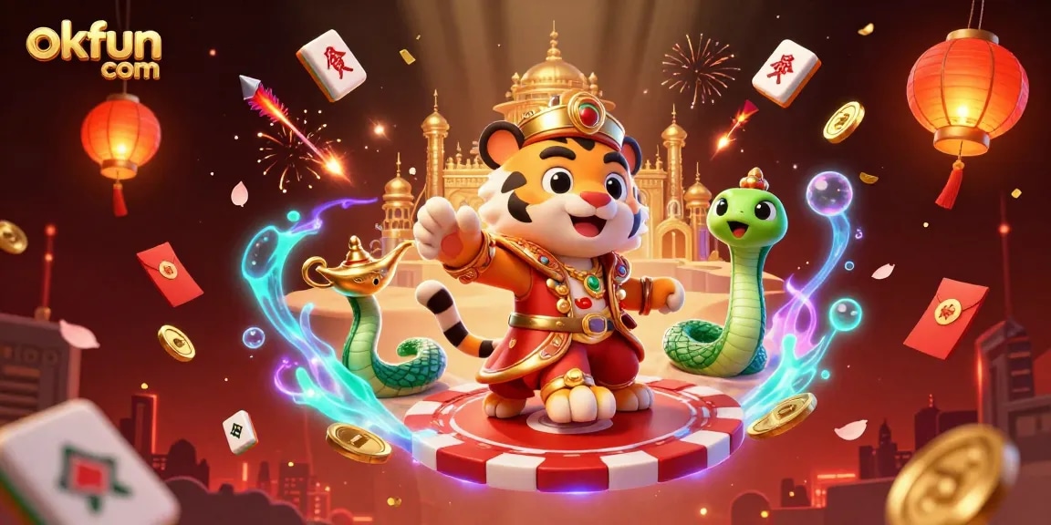 Experience enchanting gameplay at okfun com with vibrant 3D casino-themed illustration showcasing epic characters.