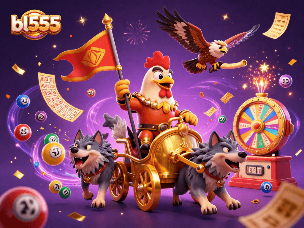 Engage in exciting gaming at bl555, a lively scene featuring colorful lottery elements and dynamic characters.