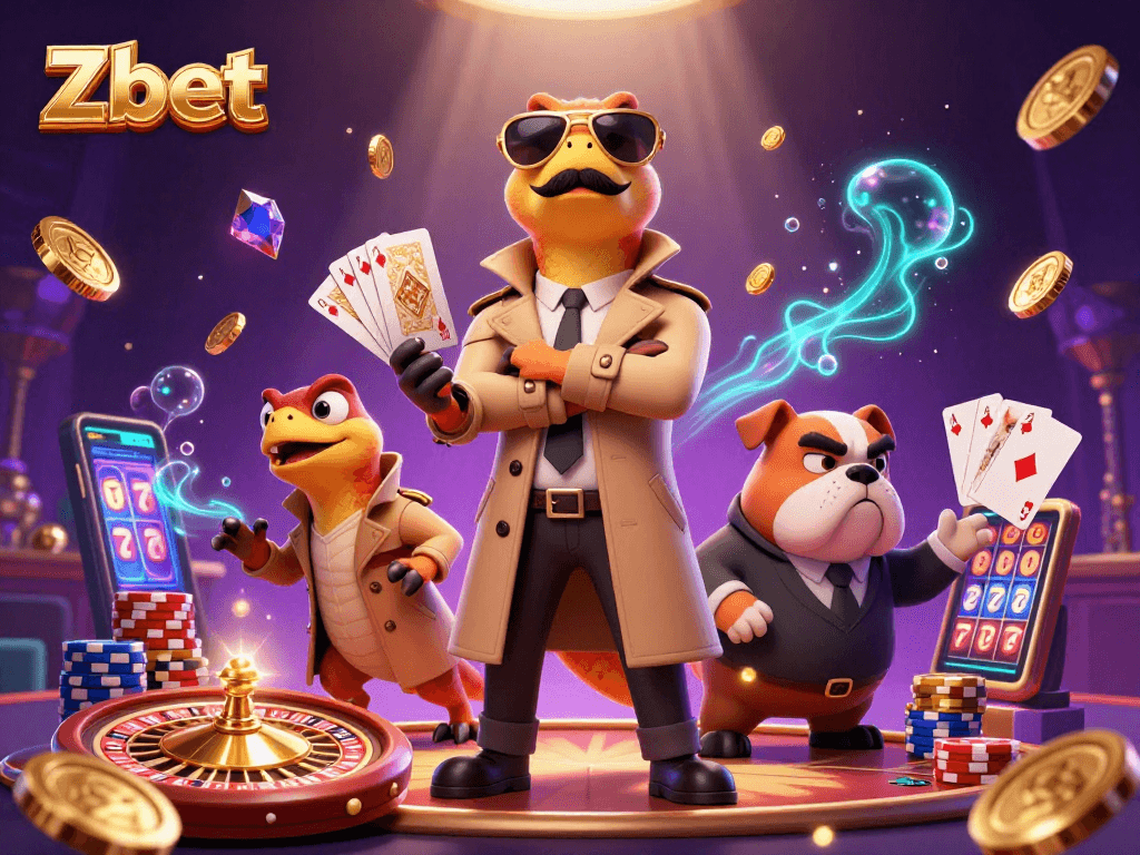 Zbet raptors humorously attempt VIP entry at a casino while coins and cards fly around