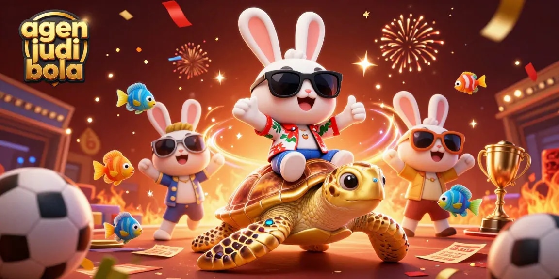 Join the excitement at agen judi bola with a lucky rabbit and golden sea turtle celebrating sports betting.