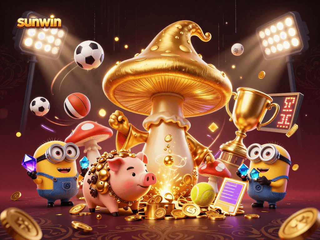 Experience sunwin magic with a golden wizard, treasure-hunting pig, and sports elements for thrilling fun.