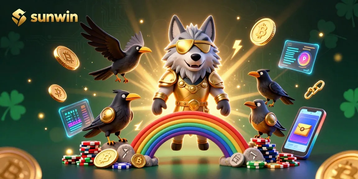 Join the excitement at Sunwin with lively casino characters amidst vibrant digital graphics.