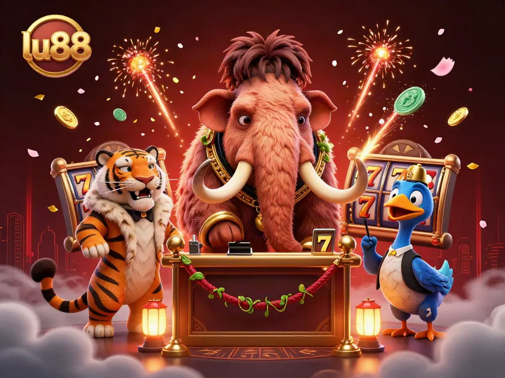 Experience the vibrant world of lu88 with a 3D casino scene featuring unique characters and exciting game elements.
