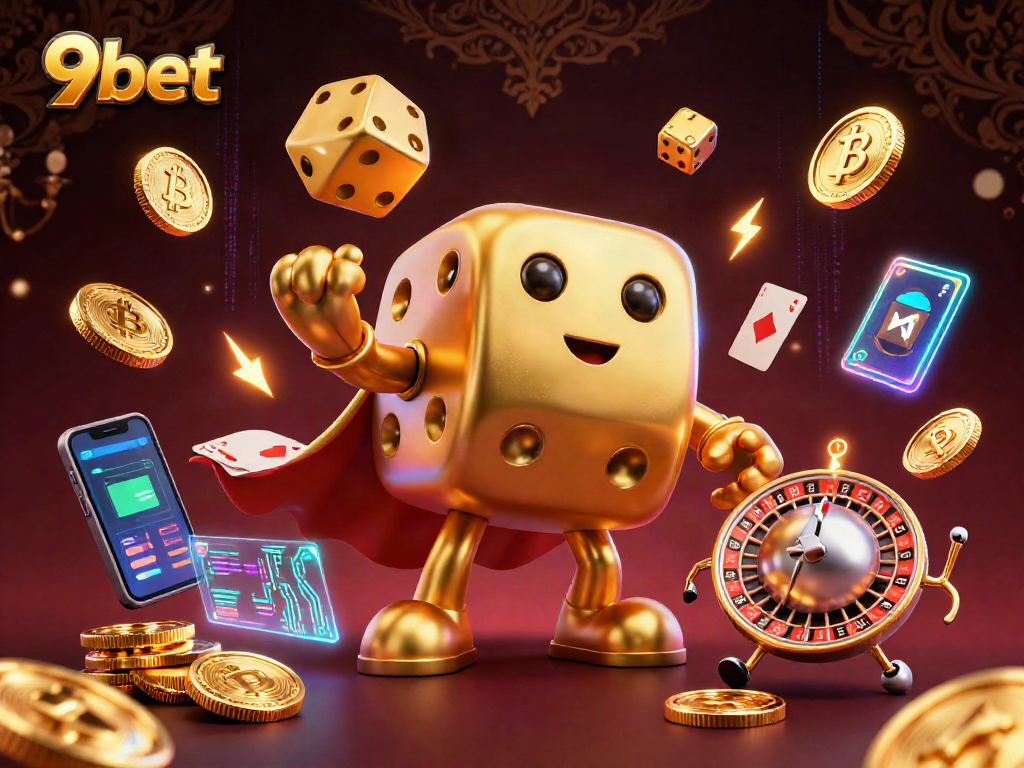 Experience vibrant gaming with 9bet, showcasing golden dice and crypto elements in a dazzling casino scene.