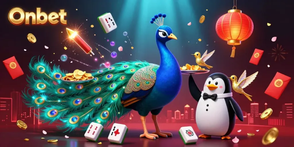 Engage in casino excitement with Onbet, featuring a glamorous peacock and intriguing game elements.