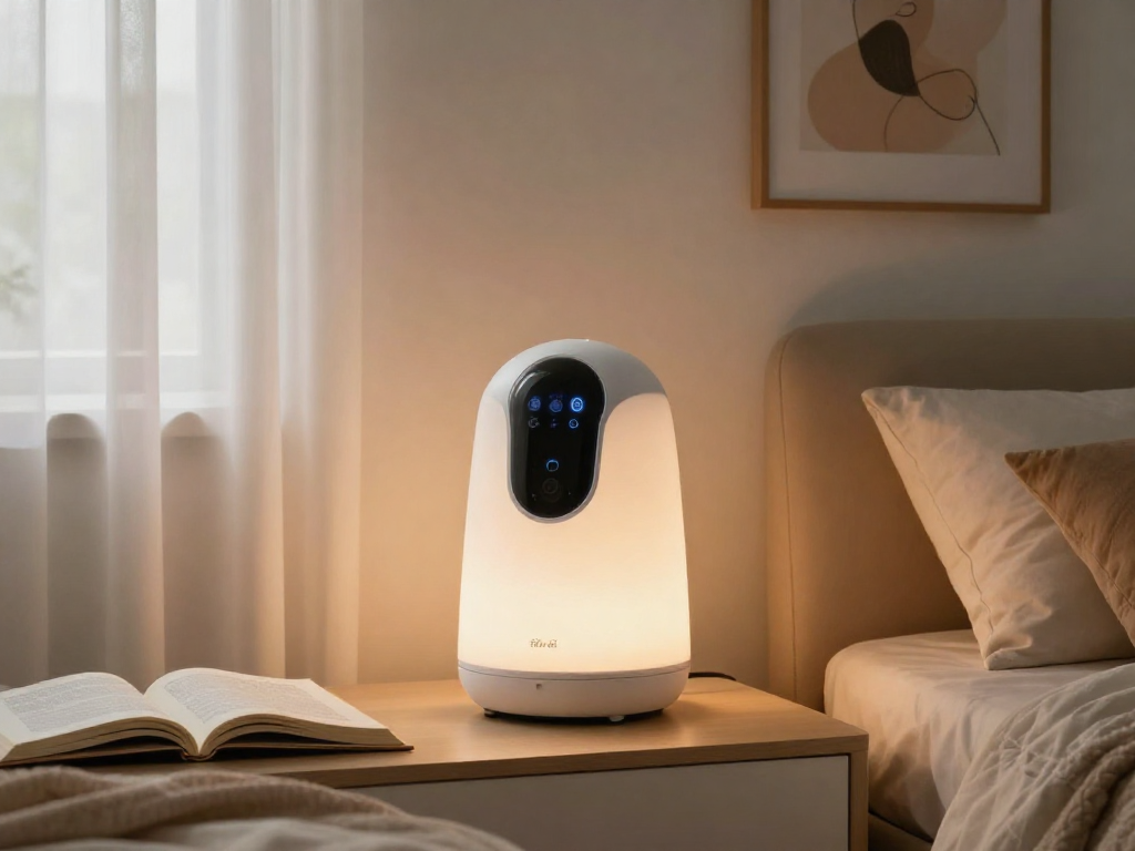 AI sex device on bedside table in modern bedroom with warm lighting and intimate atmosphere.