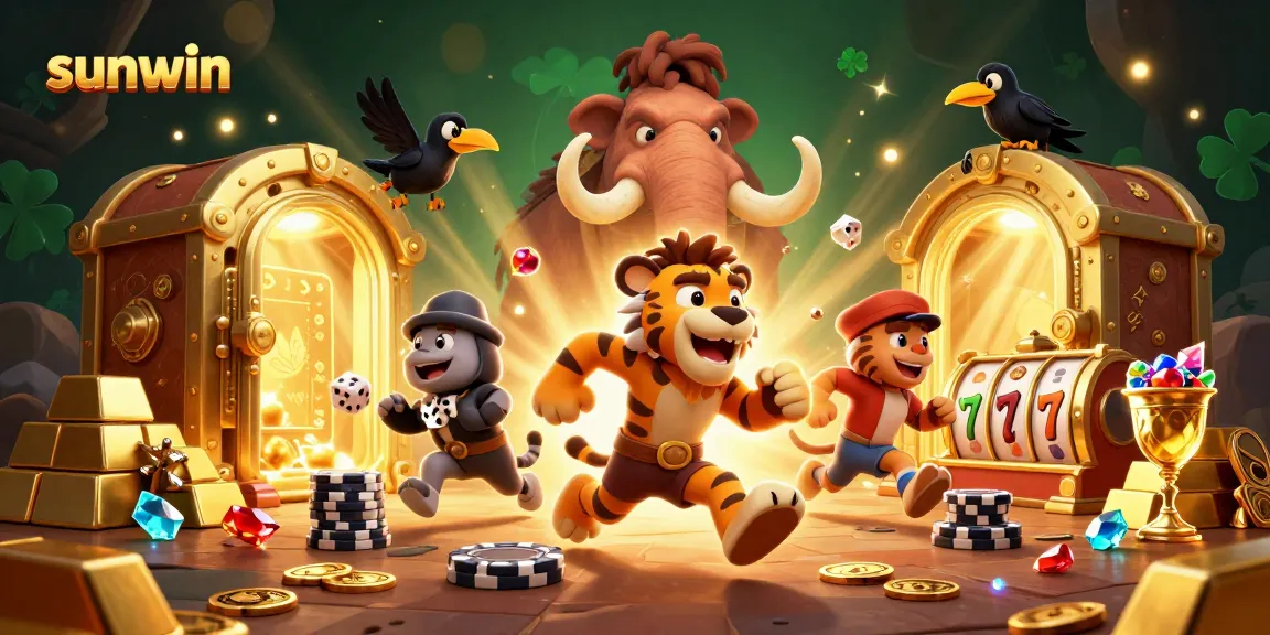 Experience thrilling victories at sunwin with a lively prehistoric casino scene showcasing exciting slot reels and treasures.