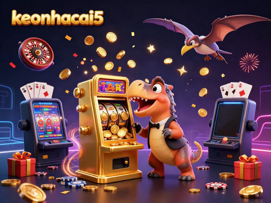 Exciting scene with keonhacai5 logo as a cartoon dinosaur wins a jackpot at a golden slot machine.