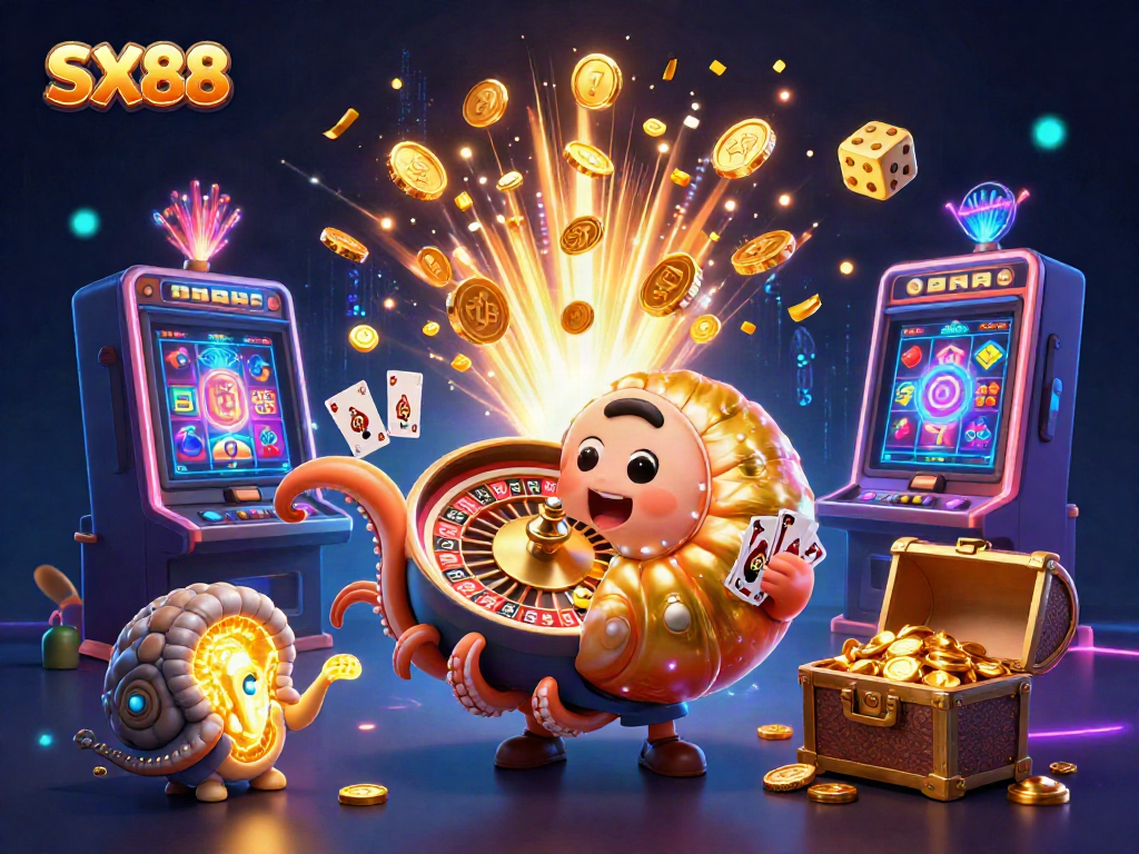 SX88 showcases a vibrant casino scene with a giant nautilus roulette wheel, glowing fossils, and dynamic jackpot elements.