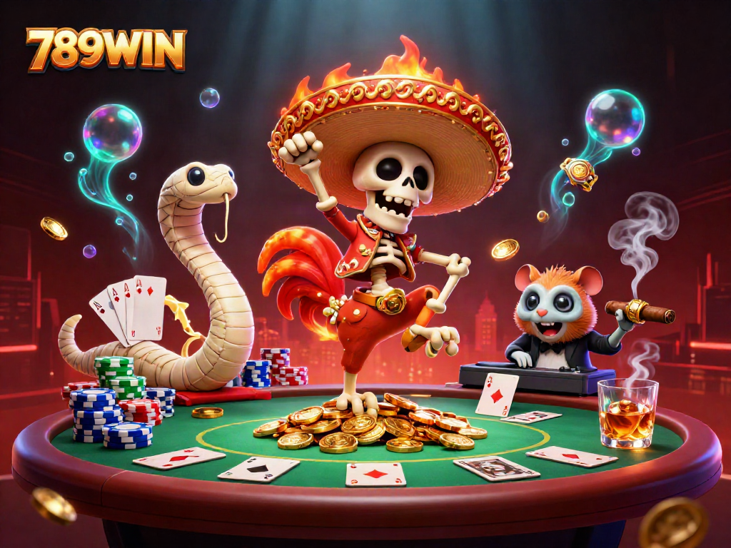 Unleash your luck with 789WIN's thrilling victory dance scene filled with golden treasures and poker elements.