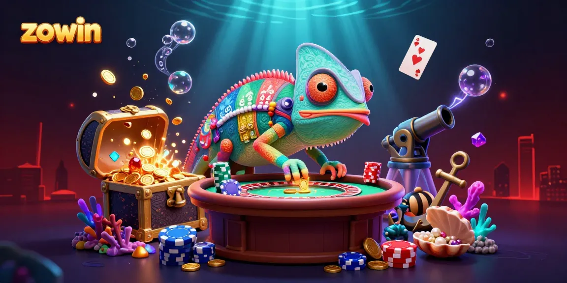Engage in exciting casino gameplay with Zowin, featuring colorful poker chips and treasure elements.