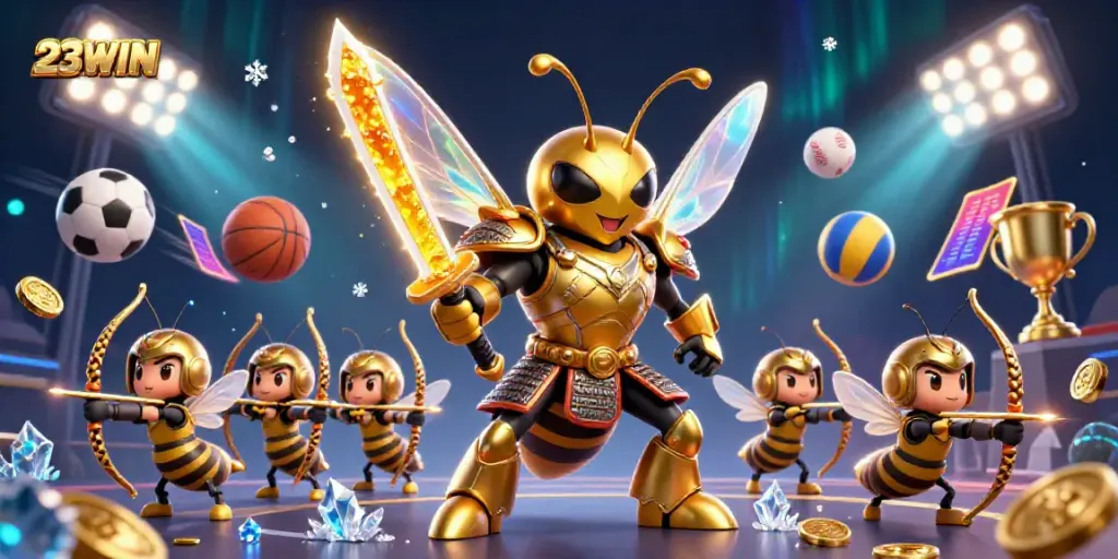 Experience thrilling gaming action with 23WIN in this vibrant 3D casino illustration.