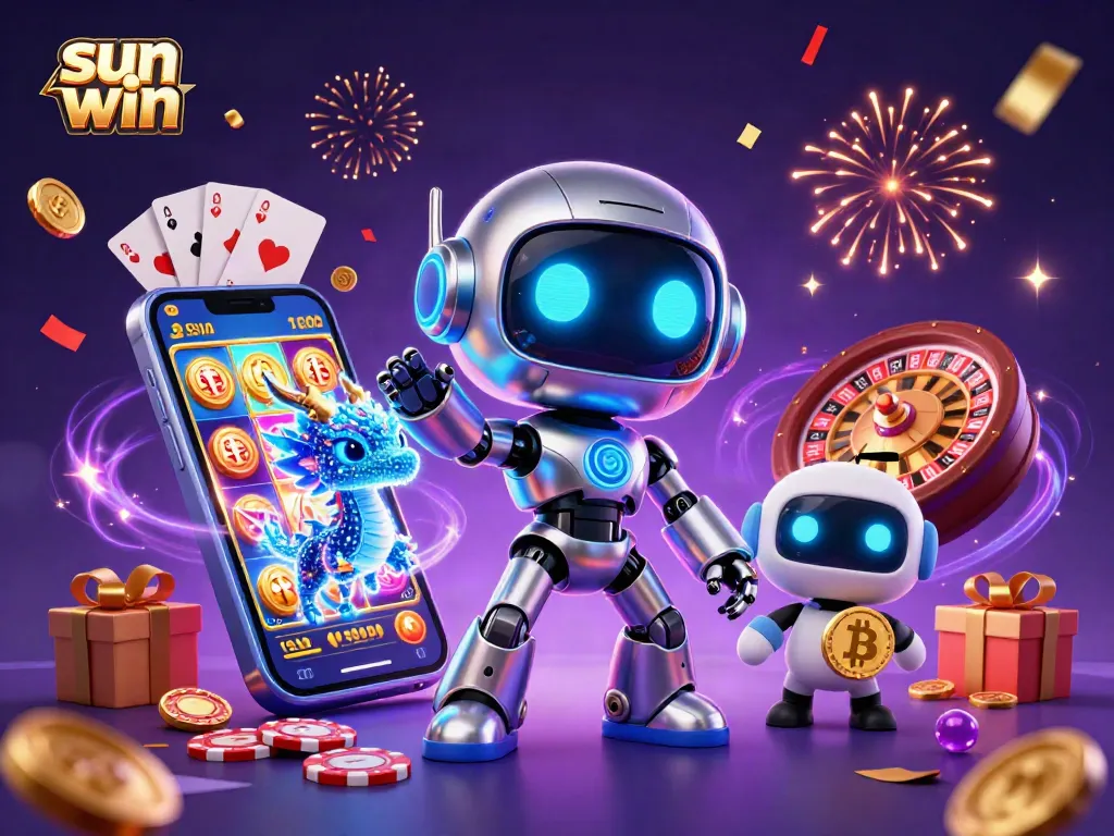 Experience thrilling gameplay at Sun Win with a vibrant 3D casino scene filled with sparkling slot games and characters.