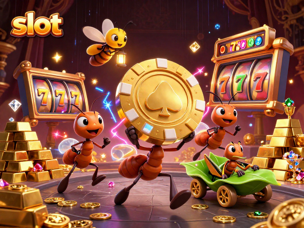 Ants executing a slot heist with golden poker chip, vibrant casino treasures surrounding them.