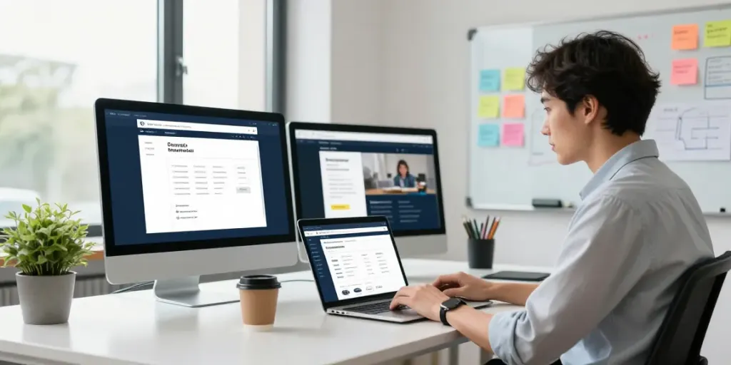 Professional workspace for domain registration UK with a user checking domain availability.