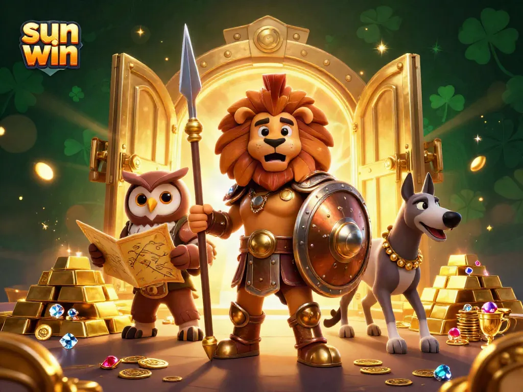 Engage in thrilling wins at sun win with a vibrant 3D treasure-filled casino scene.