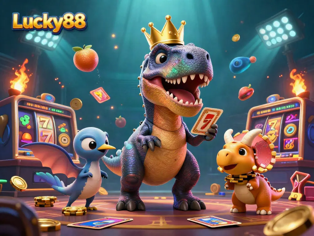 Experience the thrill of Lucky88 with a playful T-Rex and friends amidst vibrant slot elements.