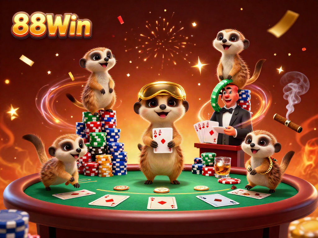 Engage in thrilling poker action at 88Win with eager meerkats running a vibrant casino scene.