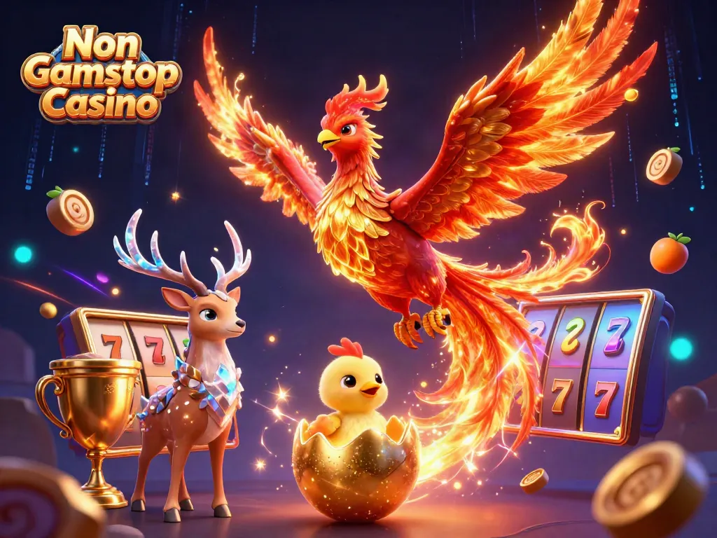 Experience the thrill of Non Gamstop Casino with vibrant phoenixes, slot reels, and dynamic gaming elements.