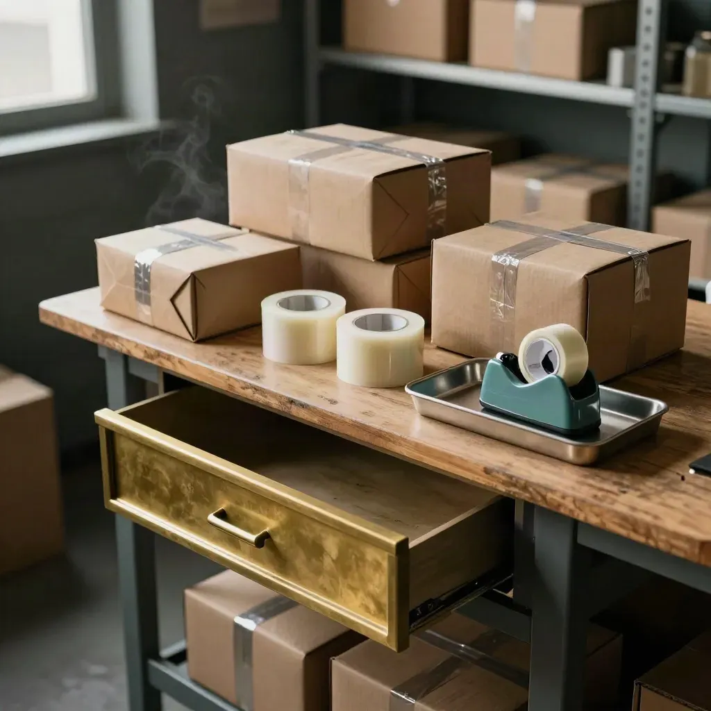 Dispatch bench with parcels, tape rolls and an open cash drawer in warm window light.
