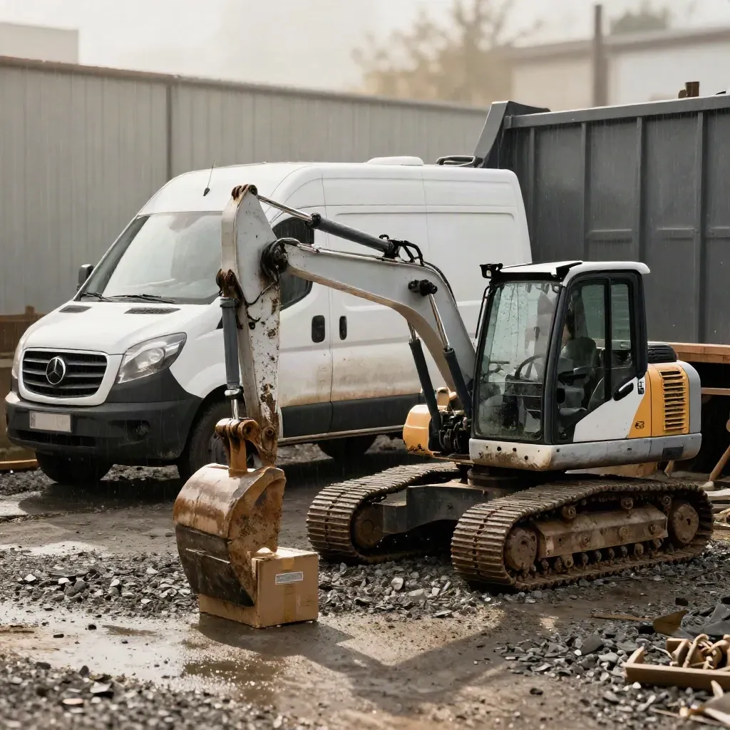 White panel van, compact digger and boxed power tools on wet contractor gravel in soft drizzle