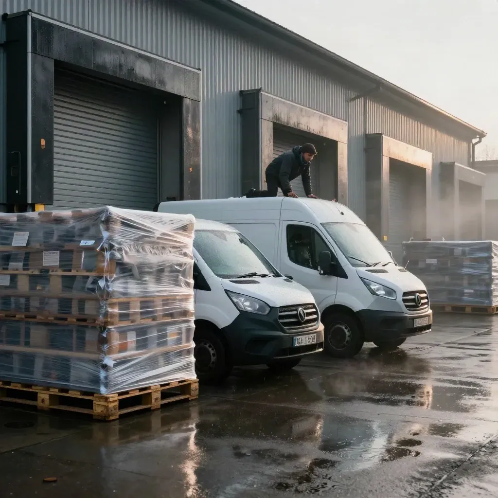 Rainy dawn in a London warehouse yard with a white van, stock pallets, and rising loading-bay doors.