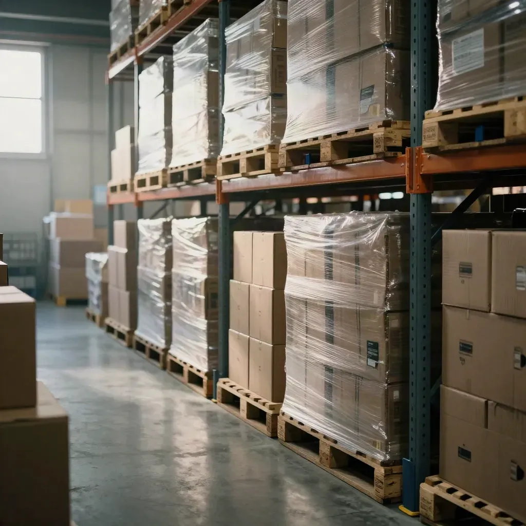 Restocked wholesale warehouse aisle with shrink-wrapped winter pallets in late-afternoon light.