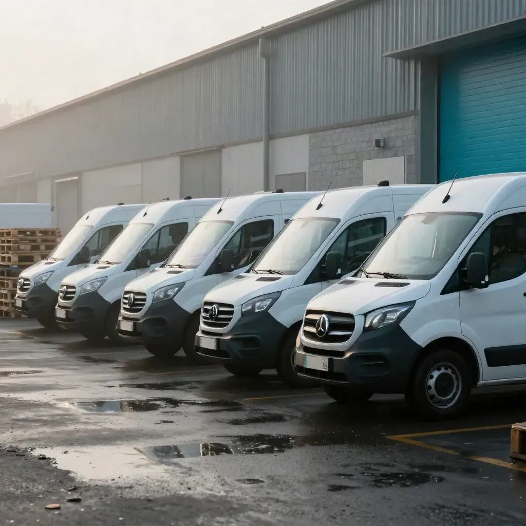 Four white vans in a misty trade depot on wet tarmac at dawn, viewed low and wide.