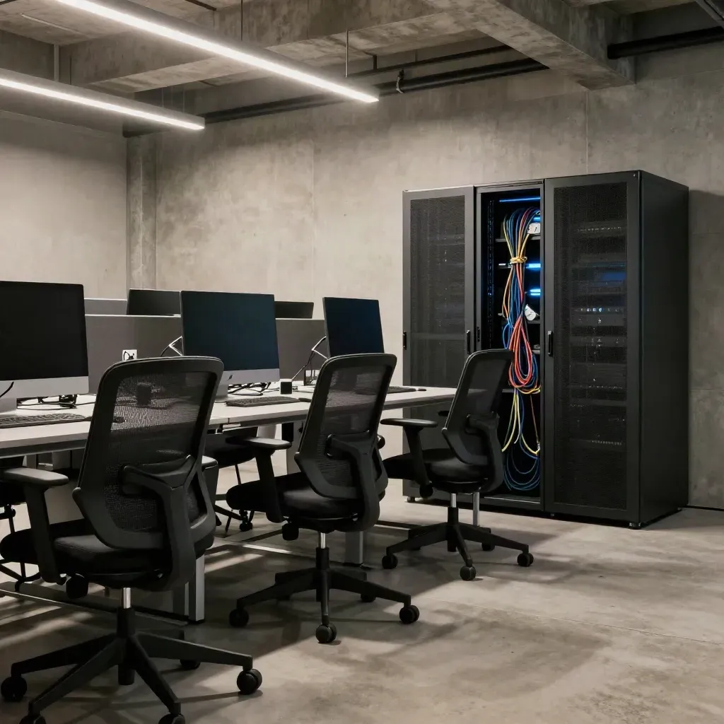 Empty SaaS office shell with boxed monitors, stacked chairs, and glowing server rack in moody light.