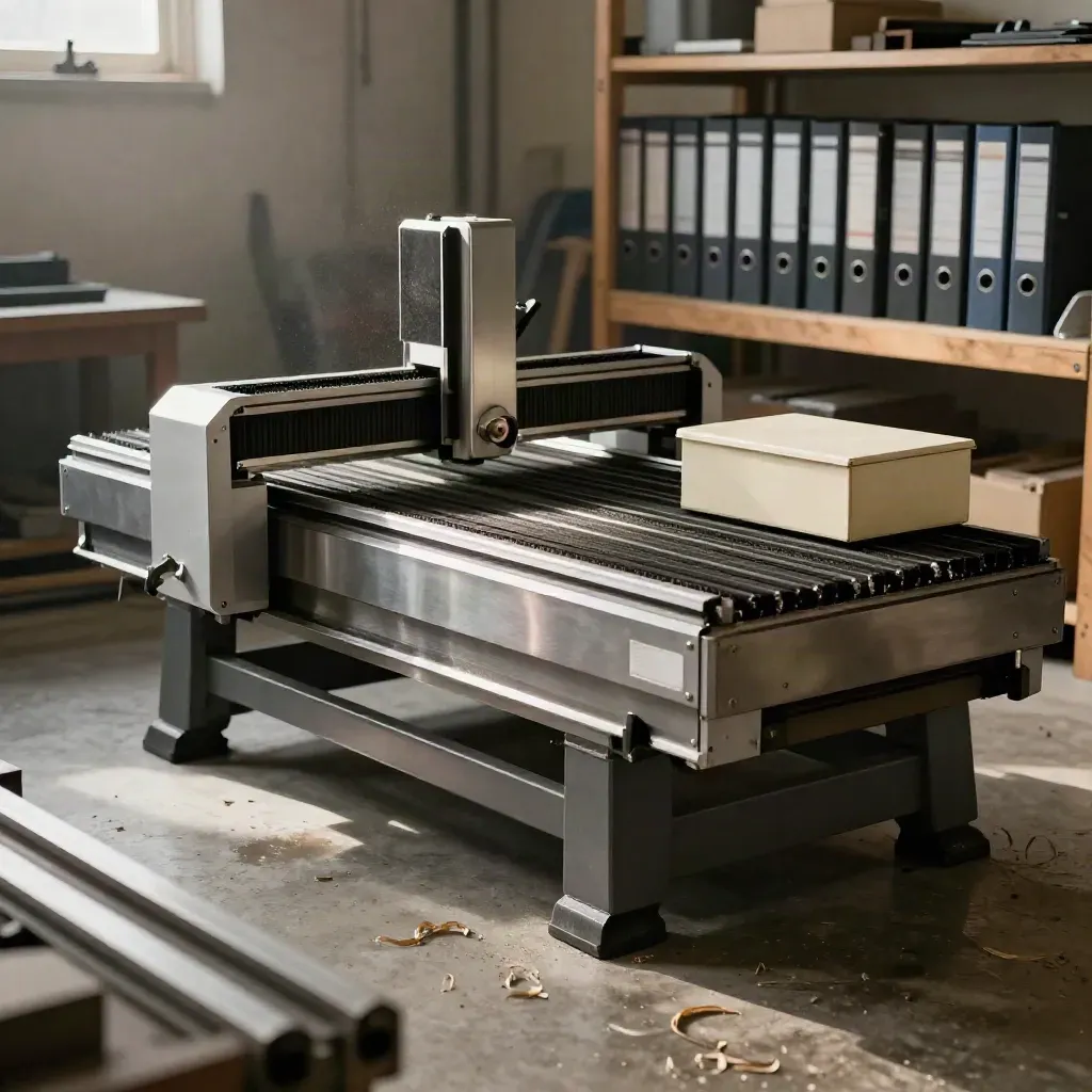Empty workshop with CNC table, loan box, and archived binders in soft daylight.