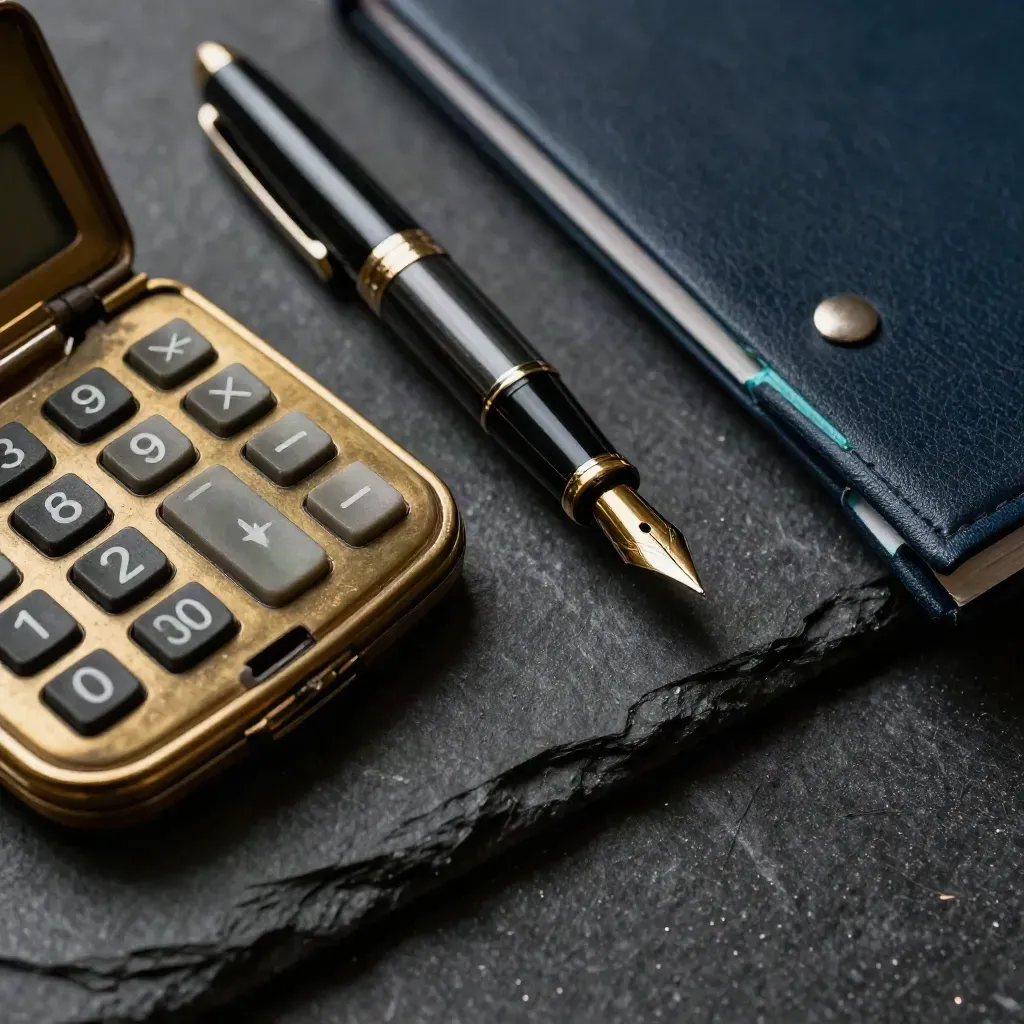 Brass calculator, fountain pen and navy clip on dark slate, lit for a funding review.