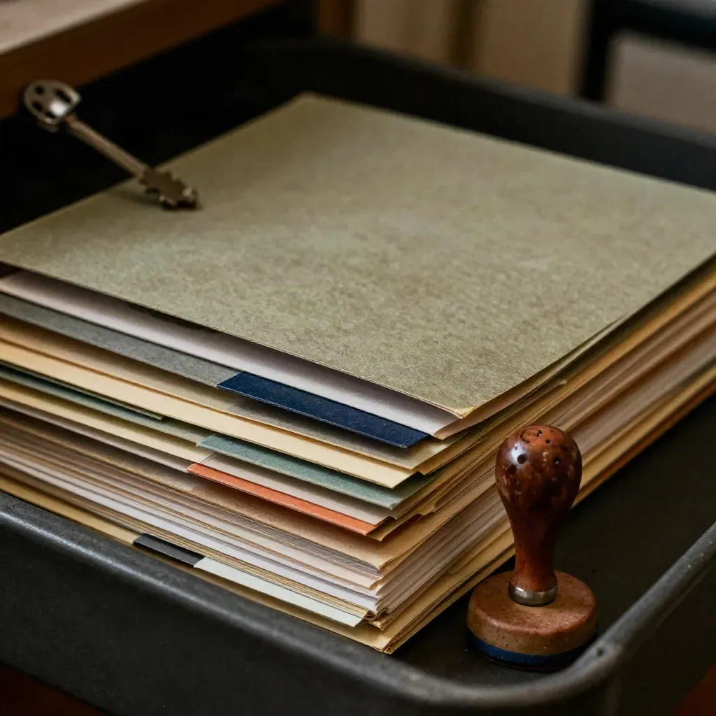 Close-up of tabbed credit case folders beside a rubber stamp on a dark archive shelf.