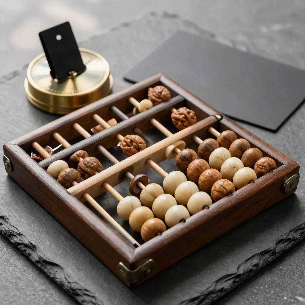Overhead flatlay of a walnut abacus, brass timer and black clip on stone