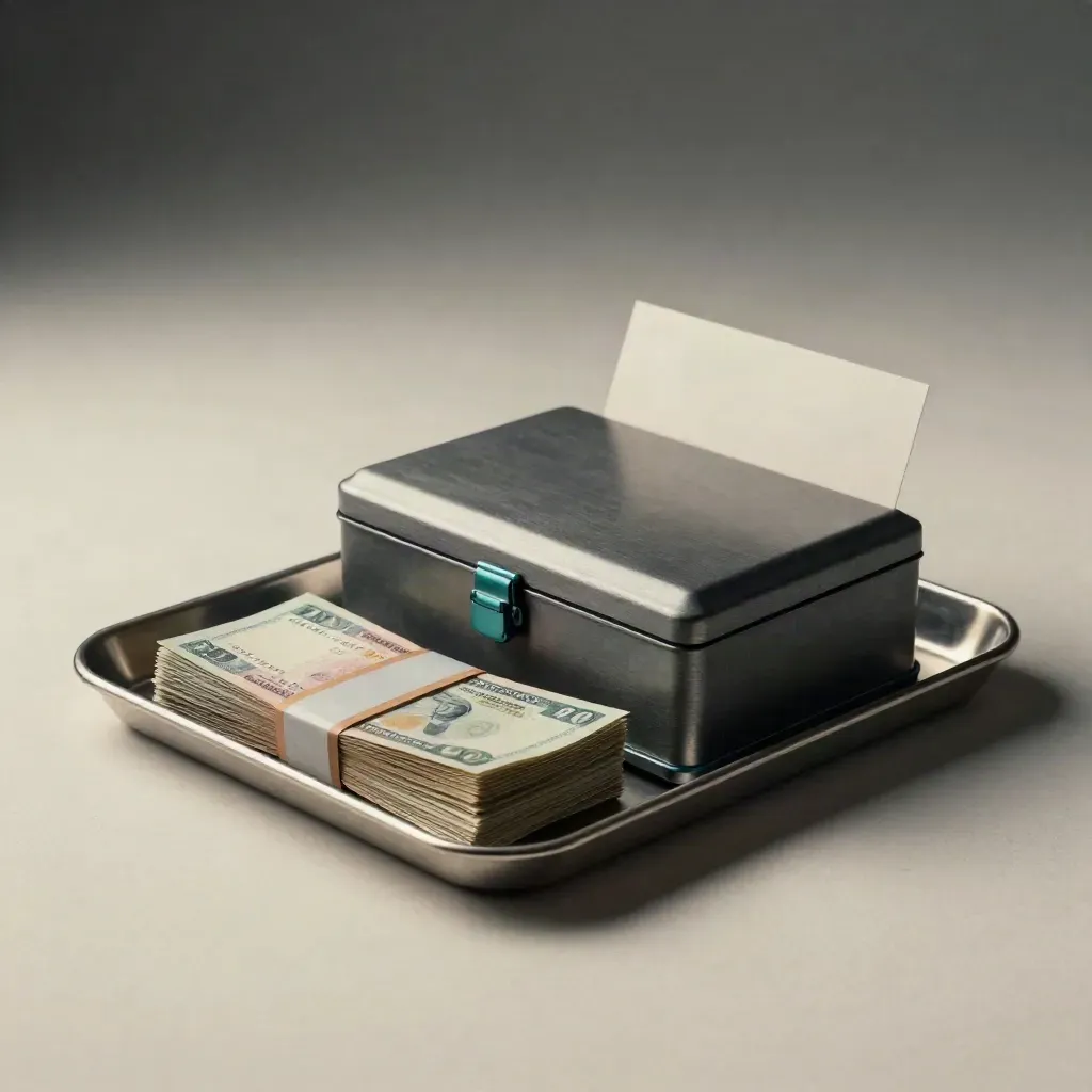 Deposit tray, banknotes and closed cash box on a soft plaster sweep with teal accent