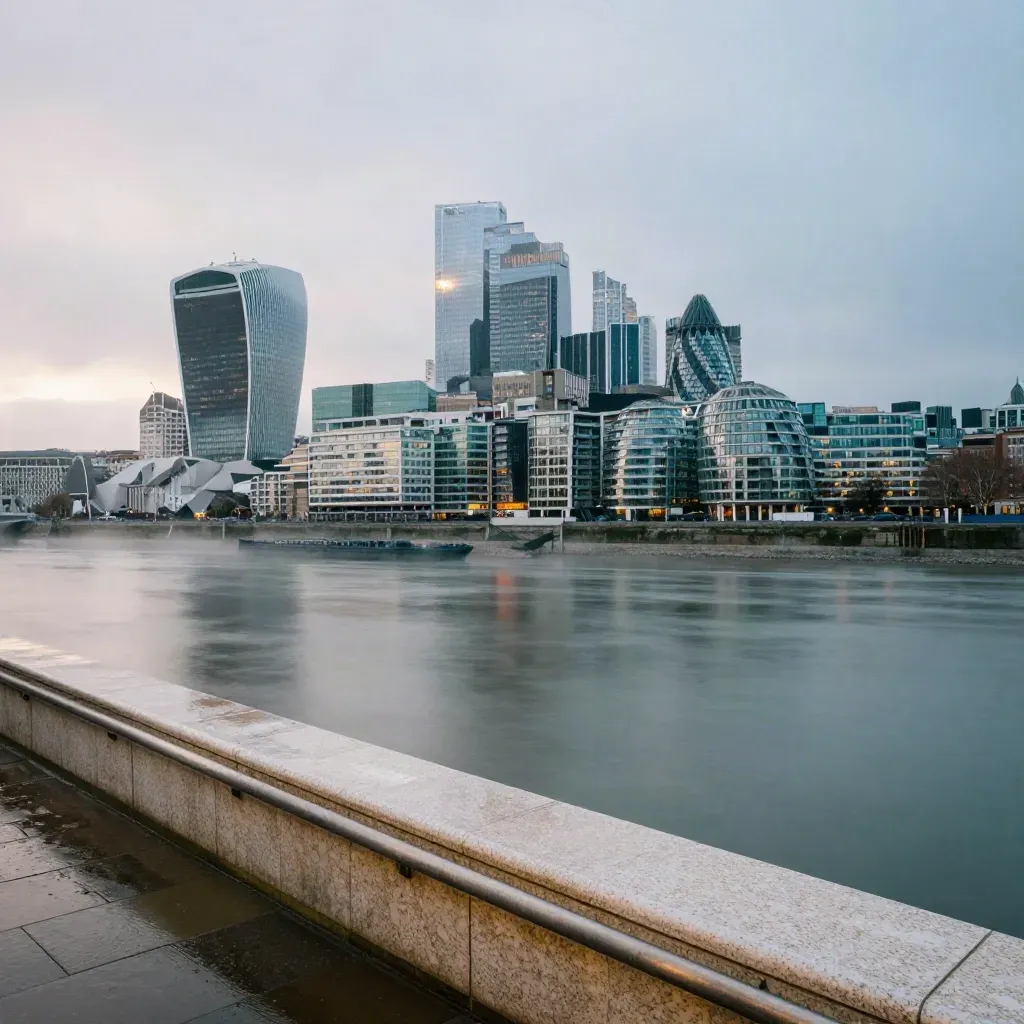 Misty London skyline and the Thames from a high riverside terrace at blue hour.