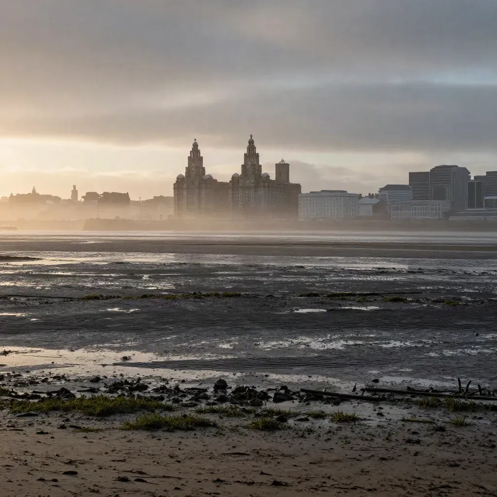 Liverpool waterfront at dusk with the Three Graces above a calm tidal estuary