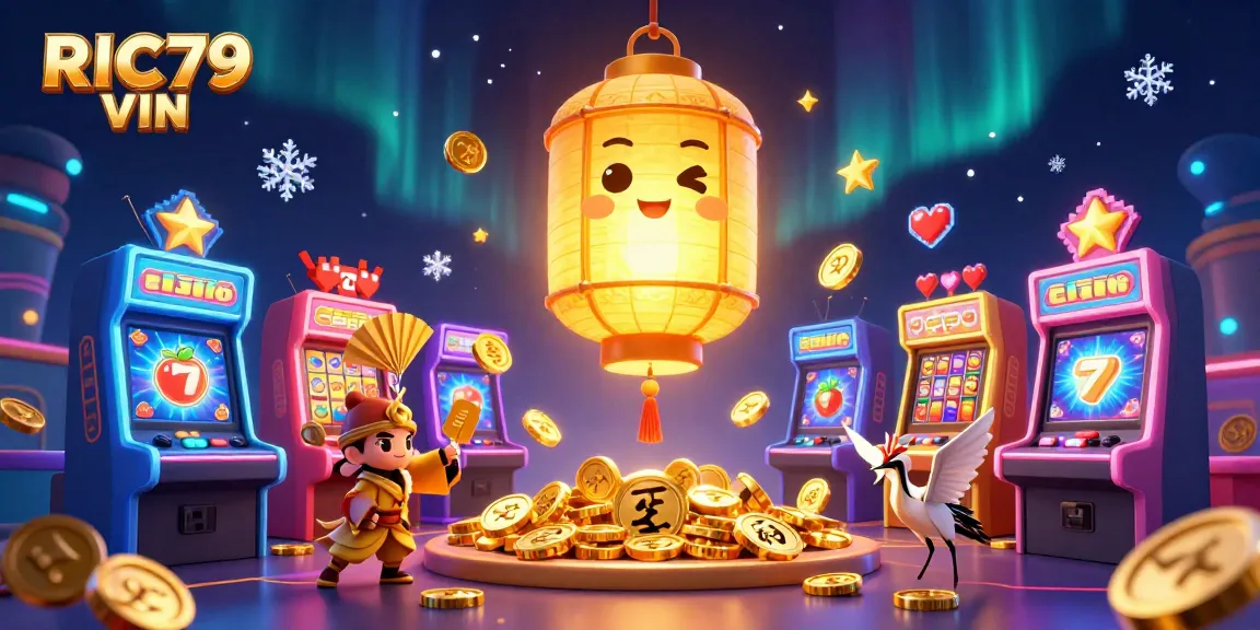 Experience the excitement of RIC79 VIN with vibrant casino symbols and characters in an enchanting 3D scene.