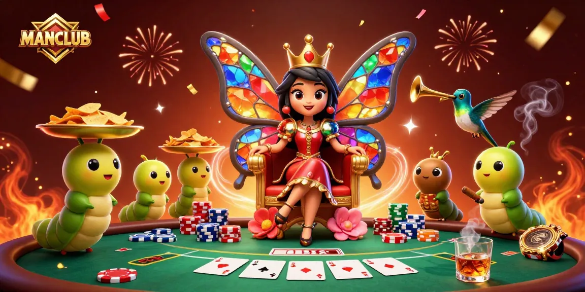 Join the excitement at MANCLUB as the butterfly queen presides over a vibrant poker showdown.