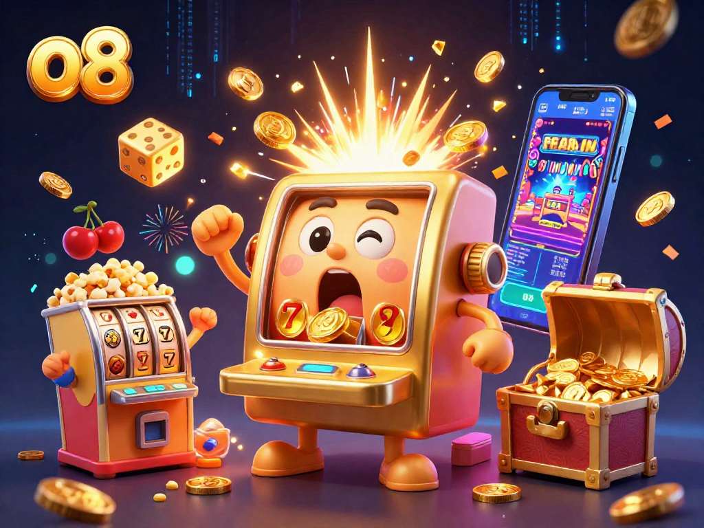 o8 casino slot machines celebrate a jackpot in a vibrant 3D illustration full of energy and excitement.