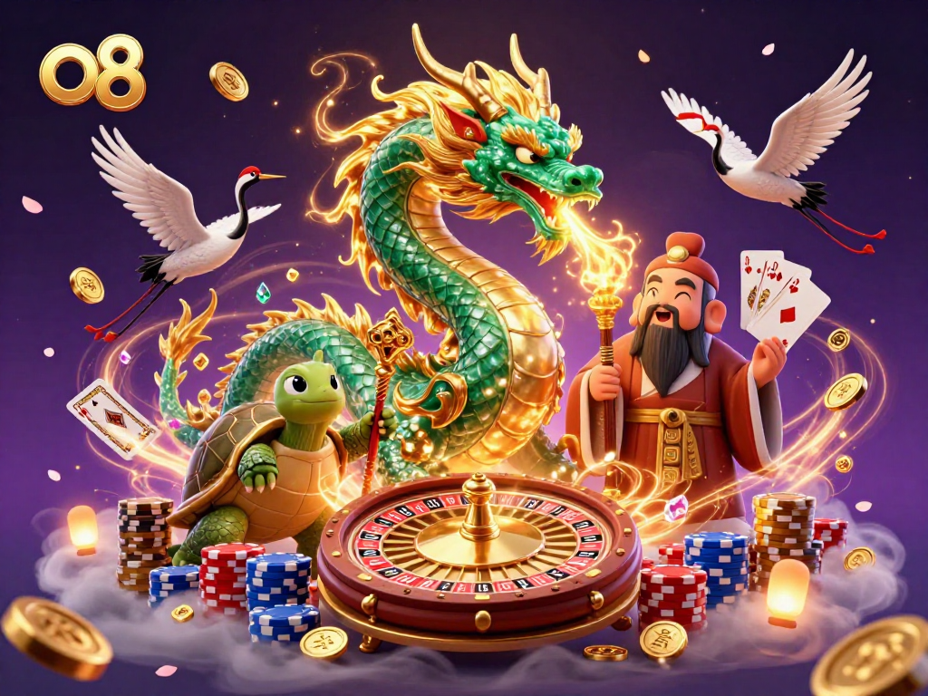Spin and win big at o8 with a dynamic 3D casino scene showcasing vibrant characters and captivating action.