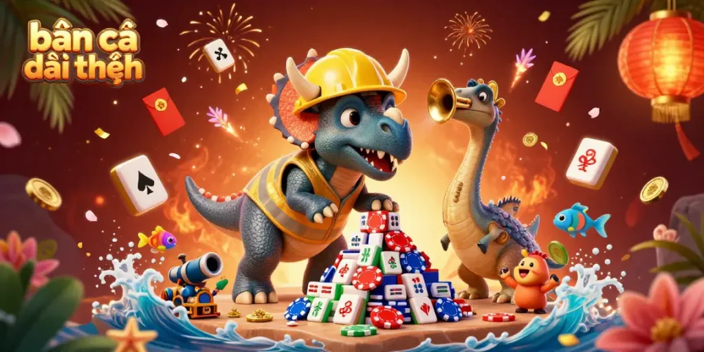 Engage in bắn cá đổi thưởng with energetic characters and dynamic fish game elements in a vibrant 3D illustration.