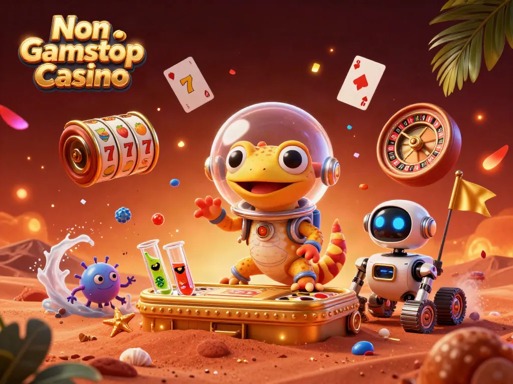 Experience the excitement of Non Gamstop Casino with a Martian gecko and robot rover discovering a golden casino.